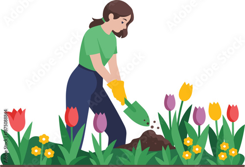 Woman gardener planting colorful spring flowers with a trowel, backyard hobby gardening vector flat illustration