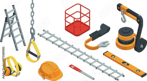 Isometric construction and safety equipment illustration, ladders, lifting tools, protective gear, industrial worksite accessories, building maintenance vector set