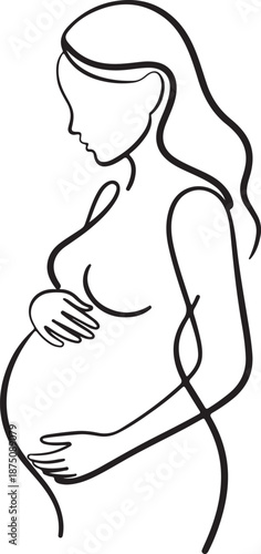 Continuous line art drawing of pregnant woman embracing her belly in minimalist style