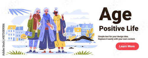 Active senior women group friendship outdoor selfie urban landscape colorful clothing modern city background website banner