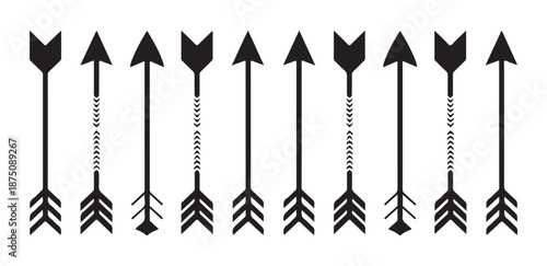 Ten straight arrow designs with feathered tails and decorative shaft patterns upward