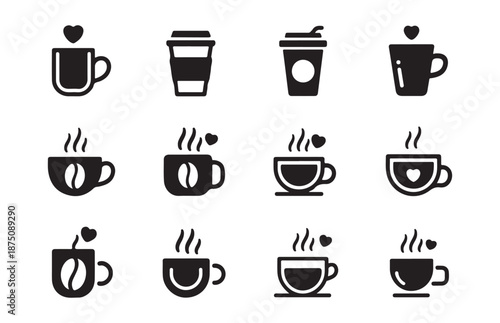 Various coffee cup icons with steam, beans and heart symbols on white background