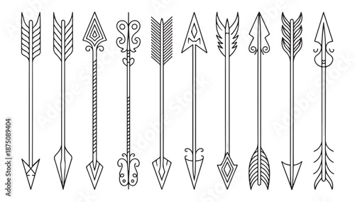 Set of decorative tribal arrows with unique fletching and tips hand drawn vector illustration style