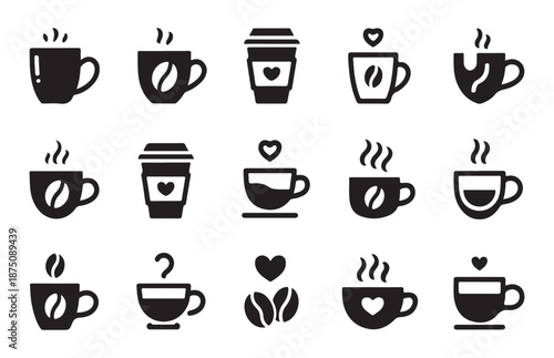 Hot coffee cups and disposable cups vector icons set with steam and coffee beans for cafe