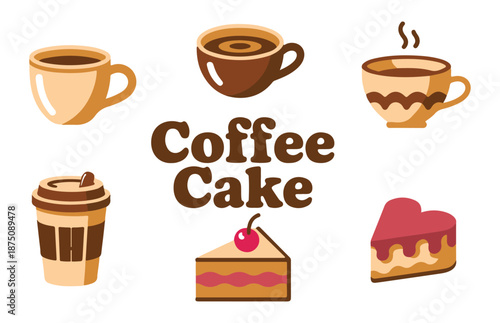 Coffee cake dessert sweet treats delicious pastry and beverage icon set food and drink collection graphic