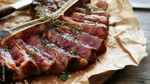 porterhouse. Perfectly sliced dry aged porterhouse steak with herbs on rustic wood, showcasing gourmet presentation. menu design.