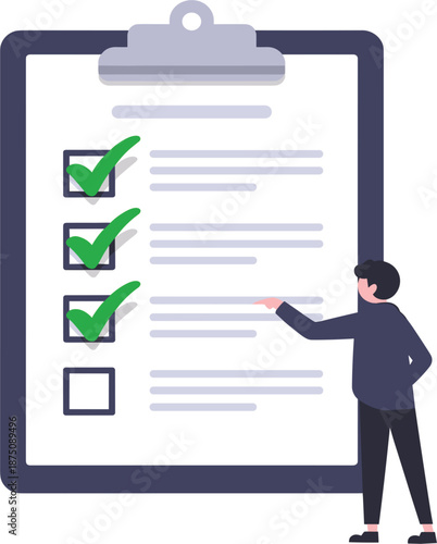 Man checking completed tasks on giant clipboard with green checkmarks, productivity and survey vector flat illustration