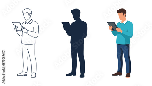 Man using digital tablet, presented in three styles line art, silhouette, and full color illustration