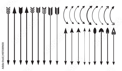 Diverse arrow silhouettes and curved pointers for diagrams and creative visualization vector elements