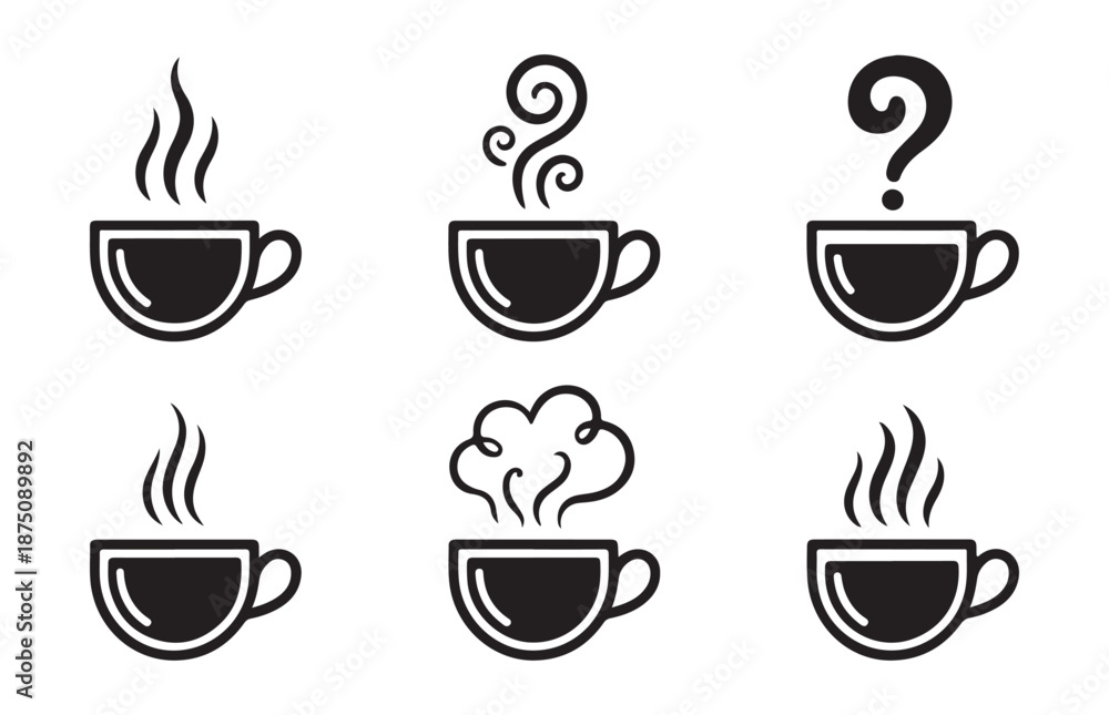 Obraz premium Set of coffee cup icons with steam swirls and question marks for morning caffeine break and beverage