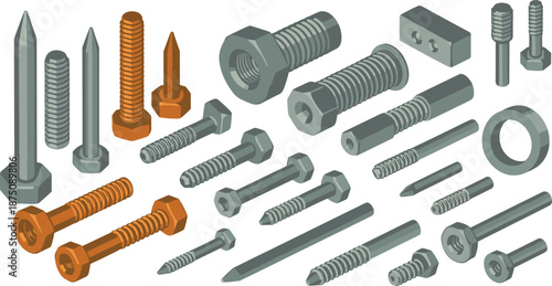 Isometric metal fasteners illustration, bolts, nuts, screws, washers, threaded hardware components, industrial mechanical fixing elements, construction vector set