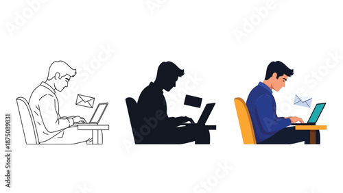 Man working laptop computer sending and receiving email messages in three different styles outline, silhouette, and full color illustration