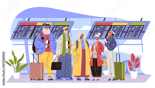 Active seniors group airport travel adventure elderly people waiting with luggage checking flight schedule colorful modern terminal plants digital artwork