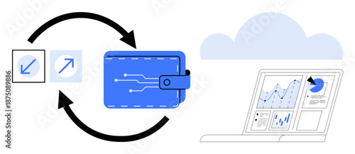 Digital payments, cloud technology, data analysis, e-commerce, financial management, fintech. ion of a digital wallet, transaction arrows and analytics on a laptop. Digital payments and cloud