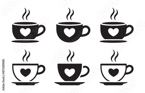 Simple hot drink cups silhouette designs with steam and heart emblems for branding