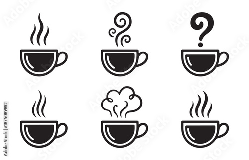 Set of coffee cup icons with steam swirls and question marks for morning caffeine break and beverage