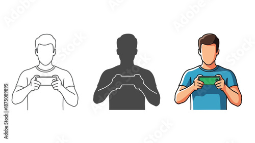 Man playing mobile game holding smartphone horizontally, set of three styles outline, silhouette, and colored illustration