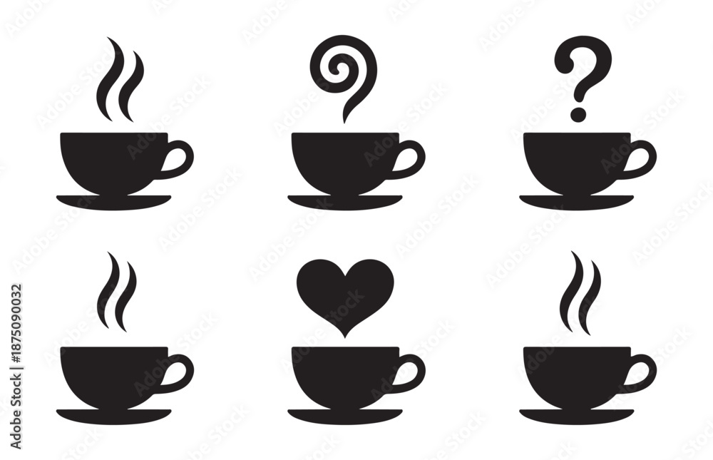 Obraz premium Solid black coffee cup silhouettes featuring heart steam and question mark icons for cafe identity