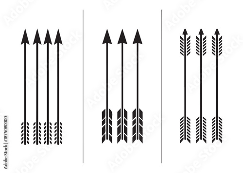 A collection of black silhouette arrow groups in sets of three on a white background