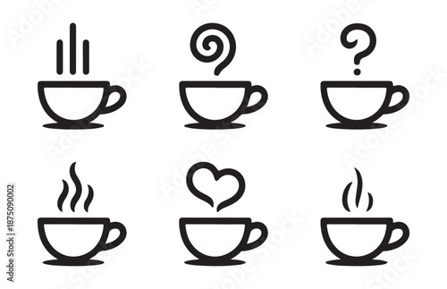 Coffee cup outline icons with various steam styles including spiral heart and question mark shapes