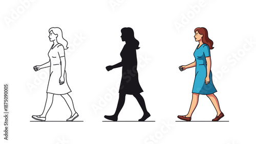 Woman walking side view set outline, silhouette, and full color illustration of female character in blue dress