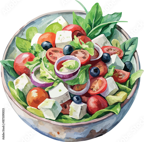 Greek Salad Big Bowl Watercolor Illustration – Mediterranean Fresh Food