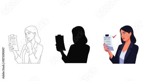 Woman holding clipboard with document, showing different styles outline sketch, silhouette, and full color illustration of professional female checking paperwork or application