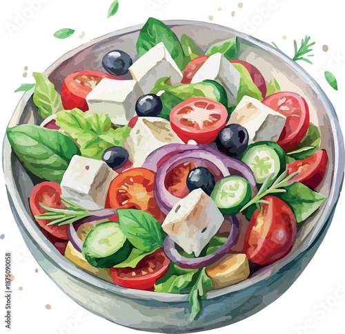 Mediterranean Greek Salad with Feta Watercolor Food Illustration