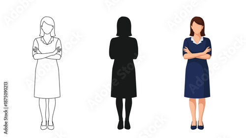 Set of three illustrations of a woman with arms crossed outline, silhouette, and full color vector graphic
