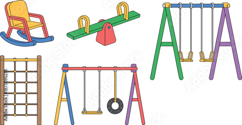 Kids playground equipment set, swings, seesaw, rocking chair, climbing net, outdoor play park illustration isolated on white background