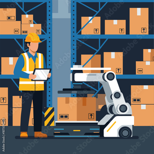 Warehouse worker and robot arm