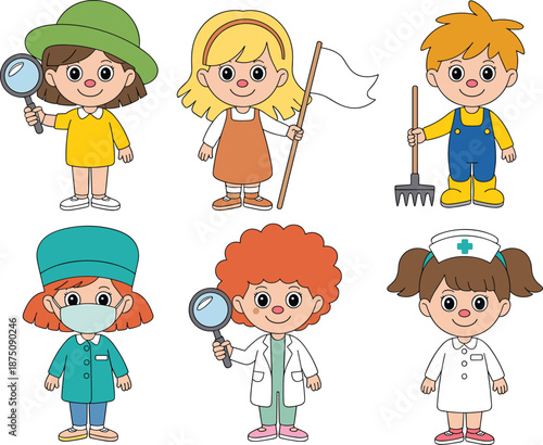 kids professions cartoon illustration set, little doctor nurse farmer explorer gardener characters, cute children career avatars, preschool education design