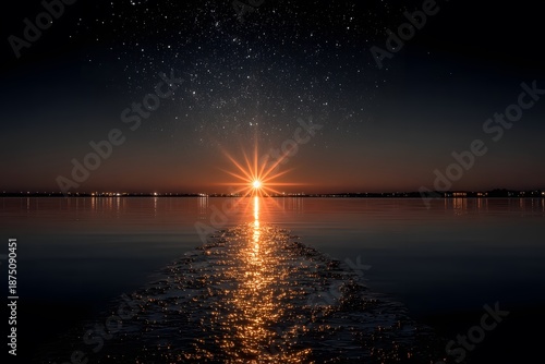 Serene Sunset Over Water with Starlit Sky - Tranquil Evening Scene for Print and Poster