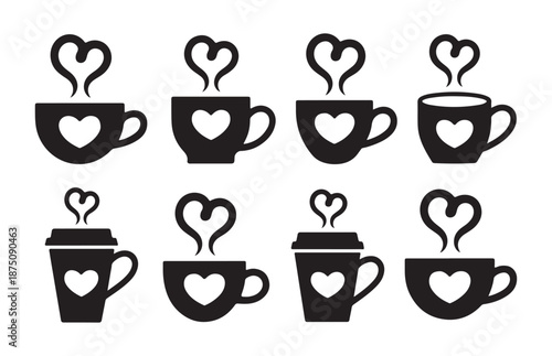 Eight black coffee cups with steam in heart shape and saucer for coffee or tea