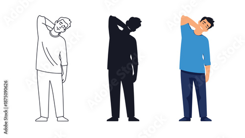 Set of three illustrations showing a man performing a neck stretch exercise line art, silhouette, and full color version
