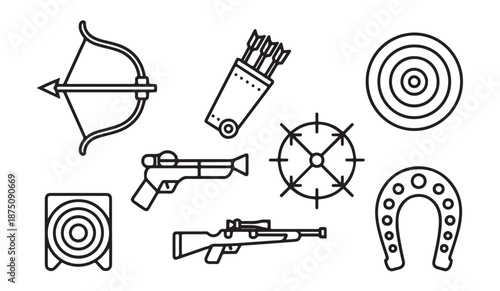 Archery shooting equipment vector icons set includes bow quiver target horseshoe rifle crossbow