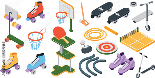 Isometric sports equipment illustration, roller skates, basketball hoop, table tennis set, scooter, fitness accessories, recreational activity vector collection