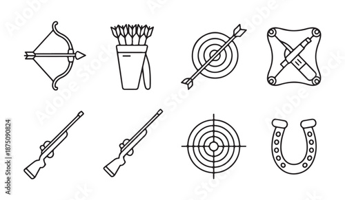 Set of line icons representing archery and shooting sports equipment and symbols for design