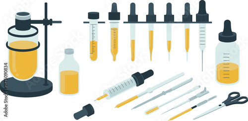 Laboratory glassware and medical research tools illustration, test tubes, droppers, syringes, chemical analysis equipment, scientific experiment vector set