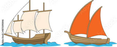 sailing boat illustration set, wooden ships with sails on water, classic maritime transport, cartoon sea vessels, nautical travel design