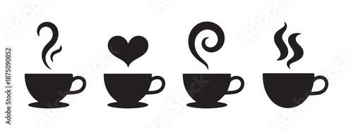 Collection of vector icons depicting hot beverage cups with various creative steam and heat effects