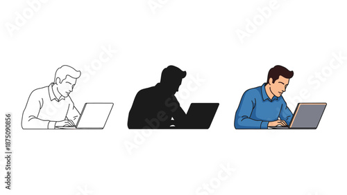 Man working laptop computer, showing outline, silhouette, and full color versions of illustration