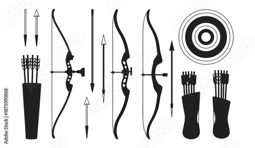 Collection of black silhouette icons depicting various archery tools including bows arrows quivers and targets
