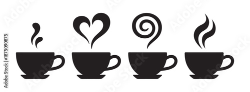 Vector set illustrating four distinct coffee and tea cups showing different stylized steam shapes