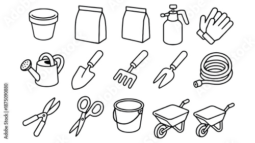 A collection of gardening tools and supplies on a green background