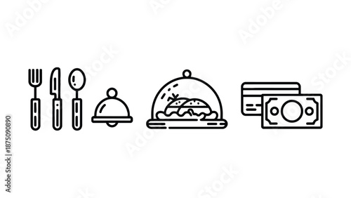A set of restaurant and payment icons on a white background