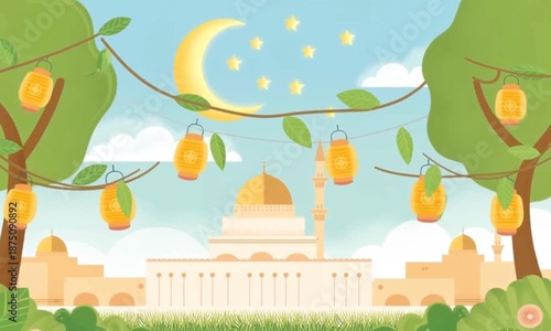 Wallpaper Mural Islamic Children Animation Background with Mosque and Gentle Motion Torontodigital.ca