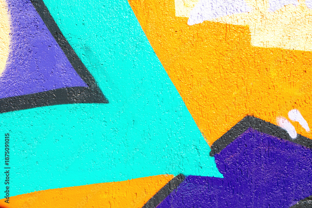 Fototapeta premium Abstract geometric street art with bright turquoise, orange, purple shapes, black outlines. Urban 90s, graffiti style, vivid colors, textured wall. Posters, digital art, creative banner, summer visual