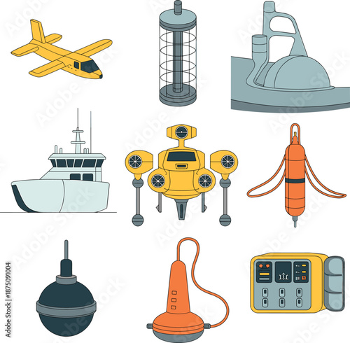 Marine and underwater technology illustration, autonomous drone, research vessel, navigation equipment, ocean exploration devices, scientific instruments, vector collection
