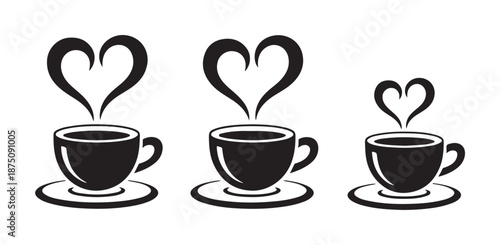 Three detailed vector illustrations featuring coffee mugs saucers with different sized heart shaped steam